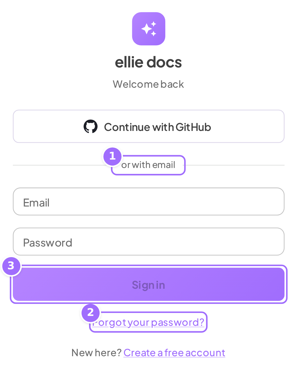 The sign-in form with provider buttons, Email, Password and Sign in