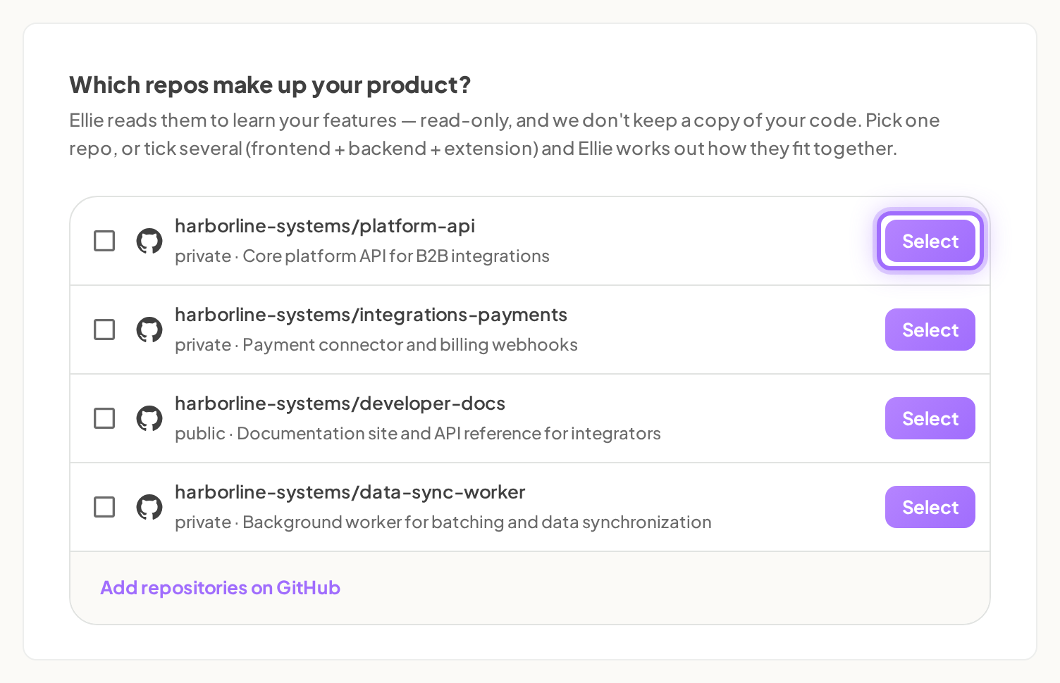 The Connect step listing granted repositories with a Select button on each