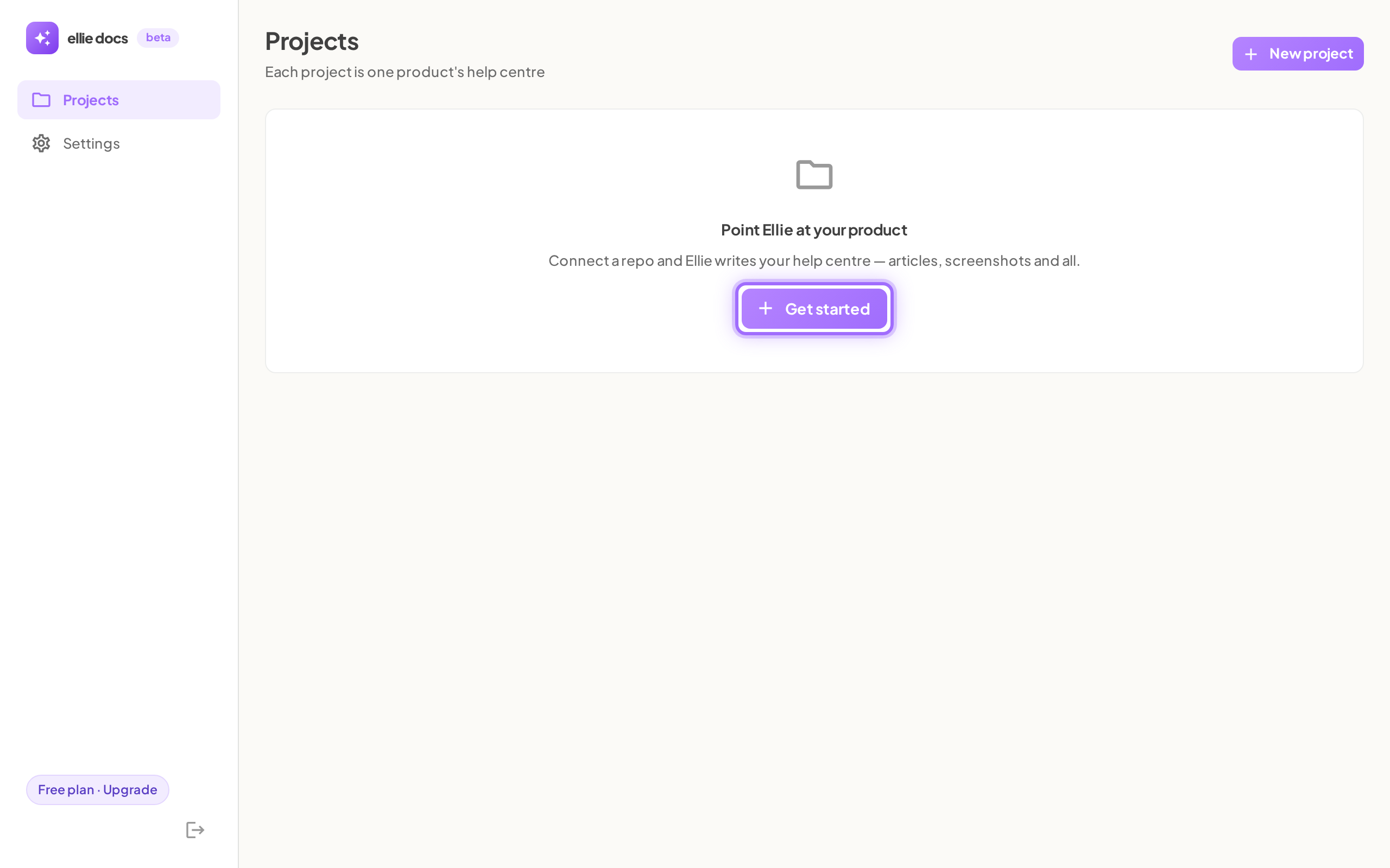 The empty Projects page with the Get started button