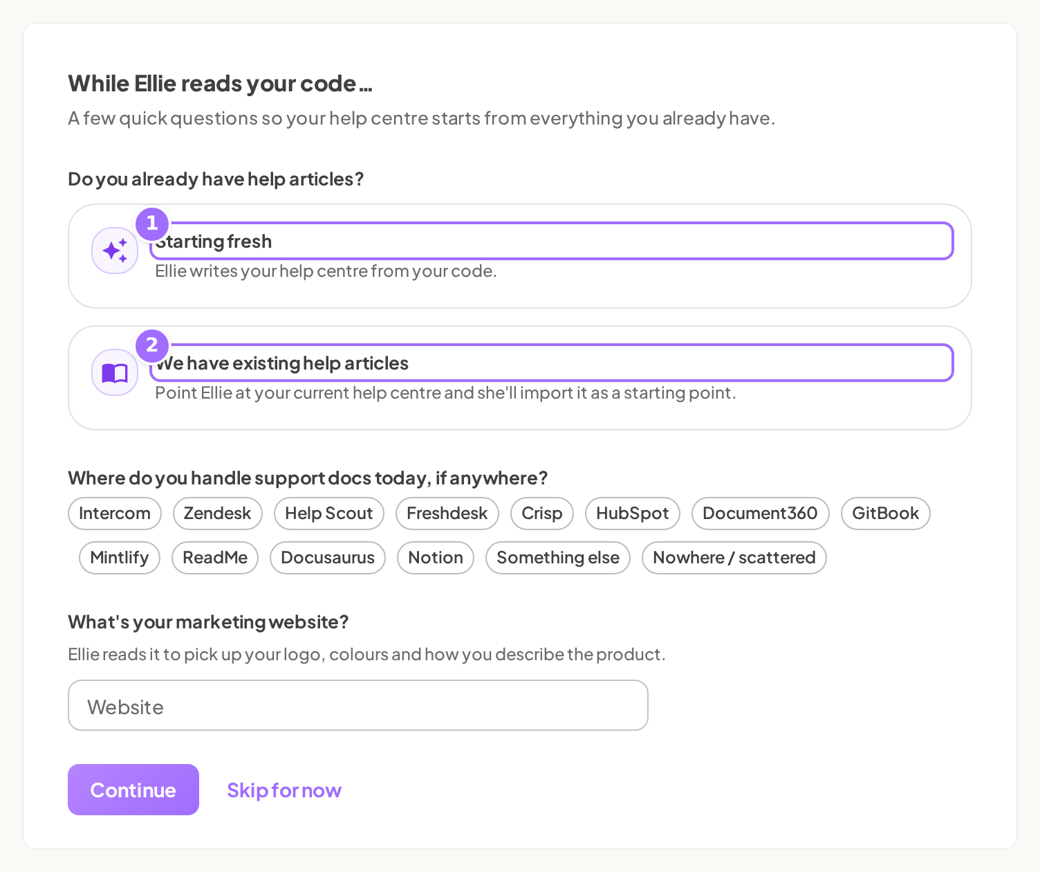 The Your docs step with Starting fresh and existing help articles cards