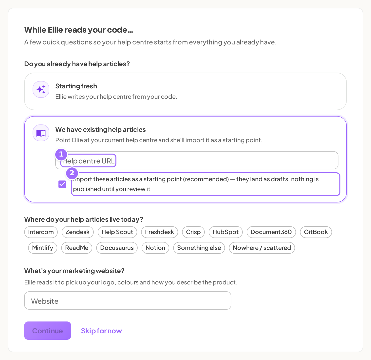 The Help centre URL field with the import checkbox