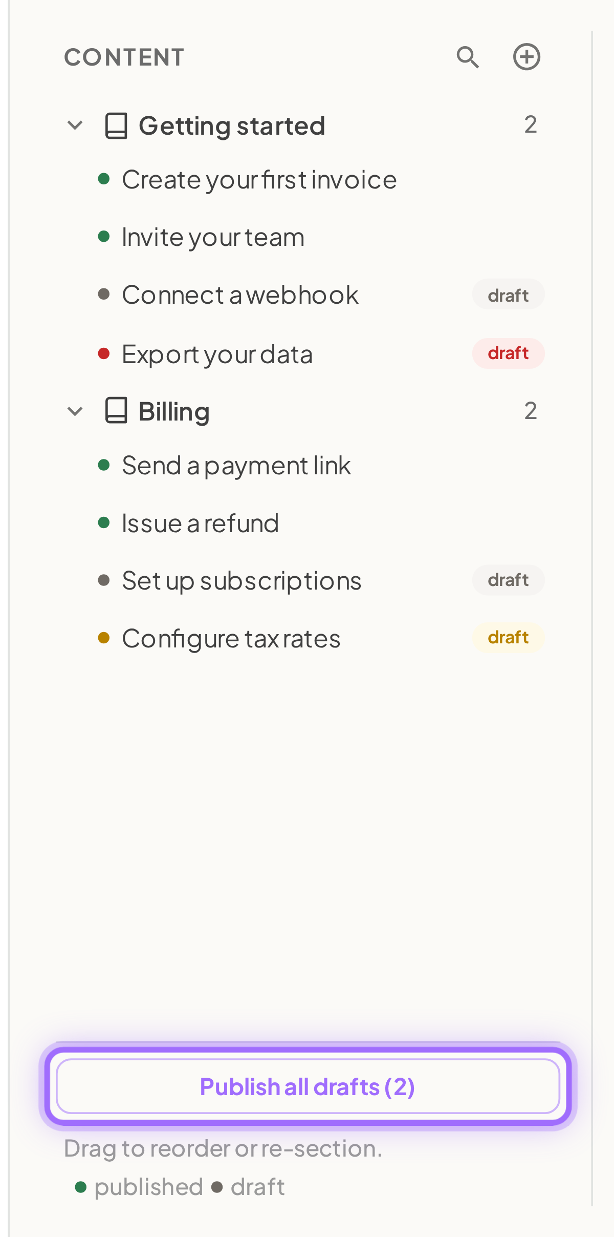 The Content tree with the Publish all drafts button at the bottom