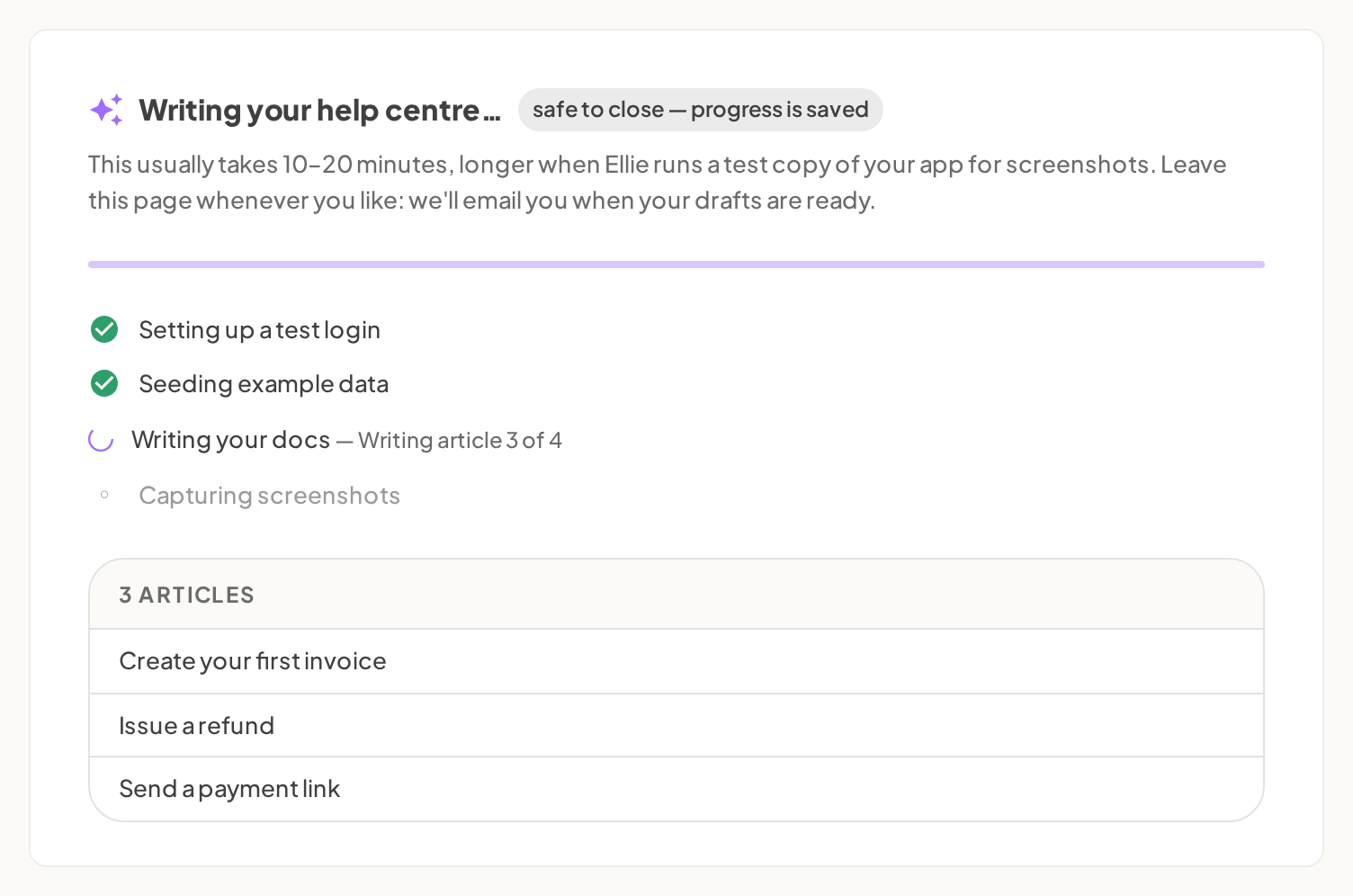 The Write docs step with its progress bar and the list of drafted articles